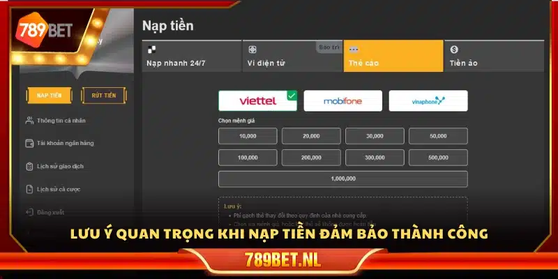 Các lưu ý để nạp tiền 789Bet thành công